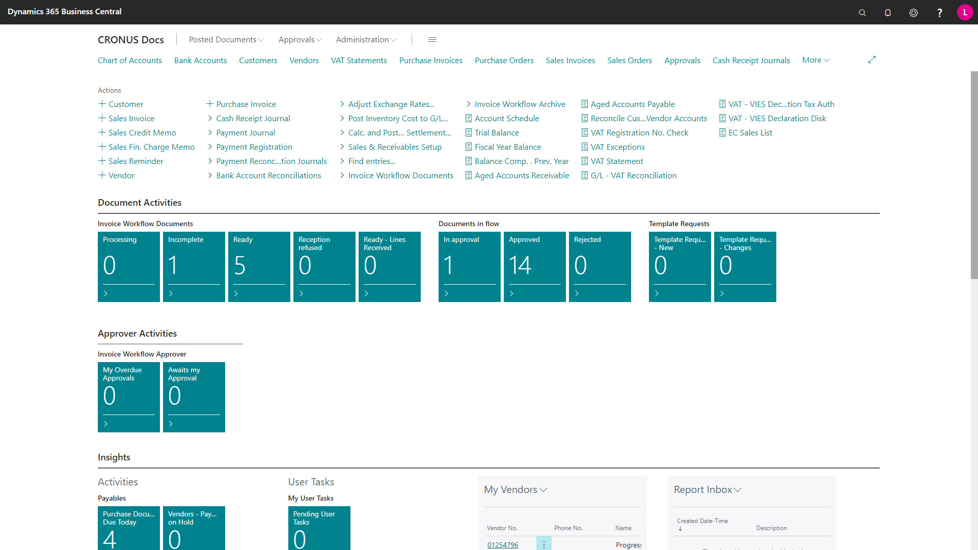 Invoice Workflow front page - bookkeeper role